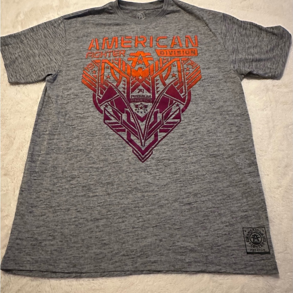 American Fighter Heather Gray Tee with Vibrant Orange and Purple Graphics